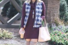 With purple dress, over the knee boots and beige tote