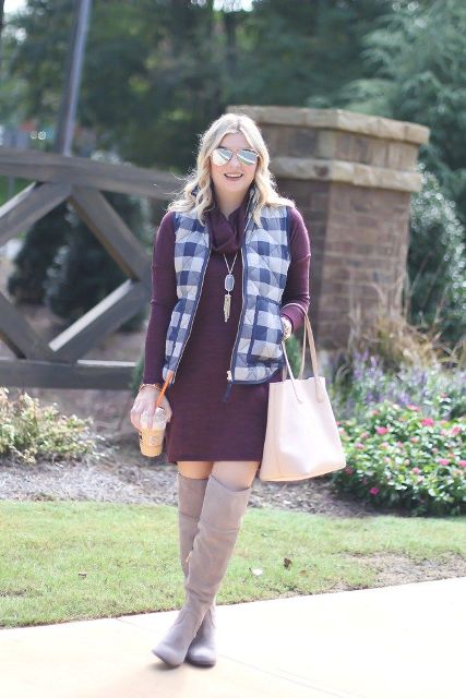 With purple dress, over the knee boots and beige tote