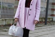 With shirt, pink skirt, pink coat, white bag and black tights