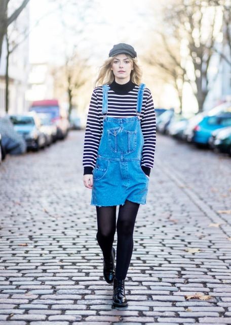 With striped shirt, denim dress, black tights and black boots
