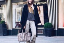 With striped shirt, gray sporty pants, printed bag and midi coat