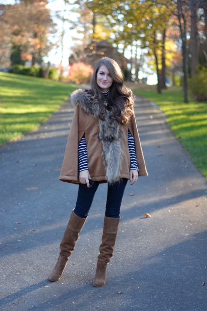 With striped shirt, jeans and suede over the knee boots