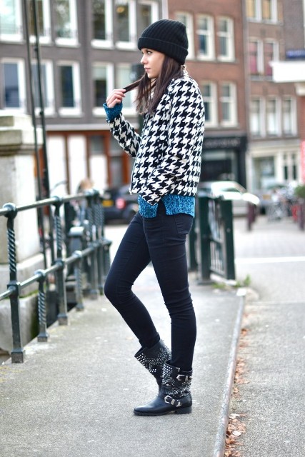 With sweater, printed jacket, beanie and skinny pants