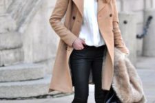 With white blouse, camel coat, black pants and black leather bag