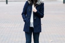 With white blouse, jeans, navy blue parka coat and gray beanie