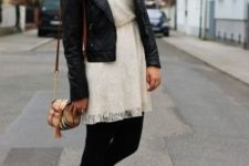 With white dress, black leather jacket, black tights and printed mini bag