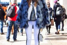 With white jacket, printed fur jacket, white pants, black shoes and white small bag