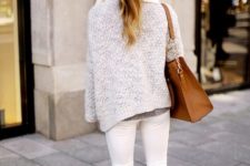 With white pants, white cardigan, oversized scarf and brown tote