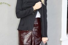 With white shirt, gray clutch and dark gray jacket