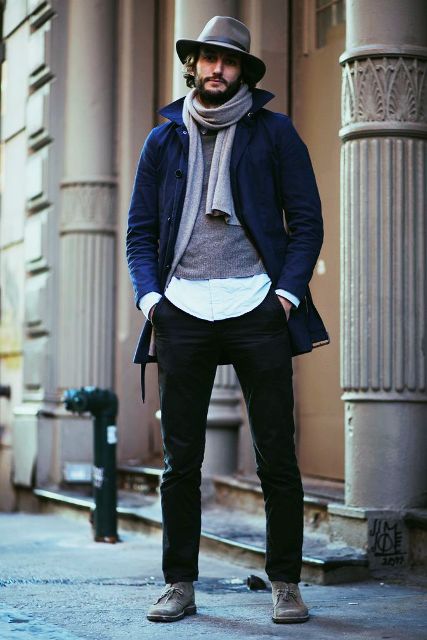 With white shirt, gray sweater, navy blue coat, gray scarf, felt hat and black pants