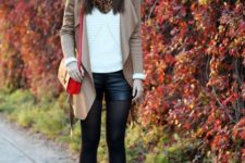 With white sweater, camel cardigan, red bag and ankle boots