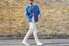 With white t-shirt, beige trousers and white sneakers