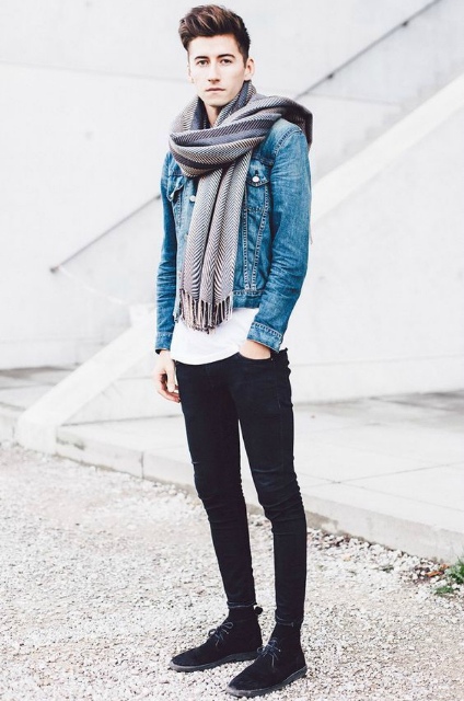 With white t-shirt, denim jacket, skinny pants and scarf