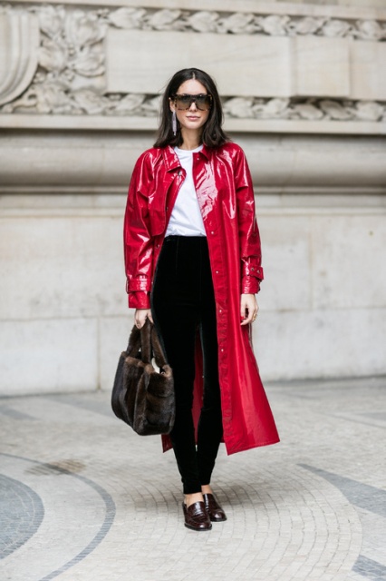 With white t-shirt, velvet trousers, leather shoes and bag