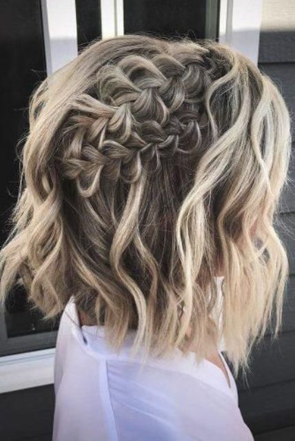 a long bob with blonde balayage and two volumetric braids on top plus waves down is a cool idea