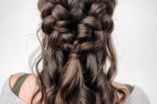 a medium half updo with chunky side braids and curls is a cool and catchy hairstyle idea if your hair isn’t long