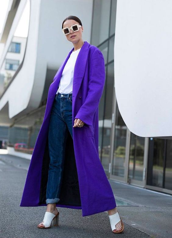 a modern ultraviolet coat, jeans, a white tee for a bold modern look