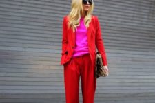 05 a bold red pantsuit with cropped pants, a pink sweater and red heels for a trendy colorblock look