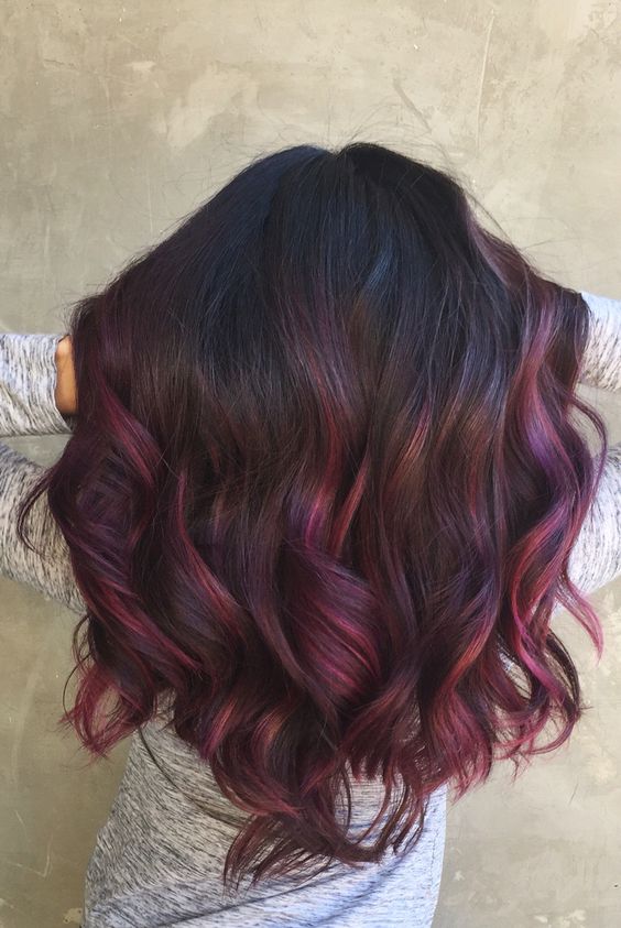 black hair with purple and fuchsia balayage will help you stand out