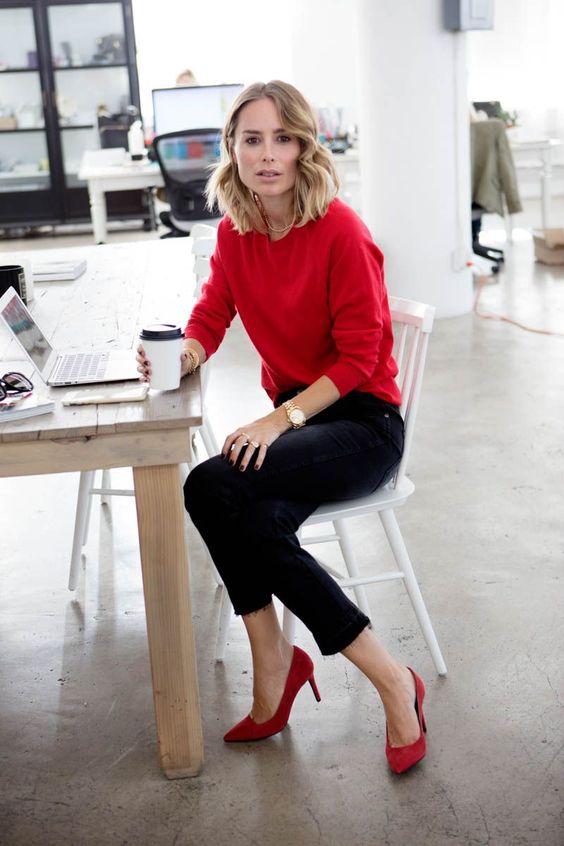 a red cashmere sweater, black cropped jeans, red heels for a Friday look at work