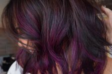07 wavy brown long bob with balayage in various shades of purple for a modern feel