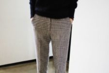 08 checked trousers, a black cashmere sweater and black booties for the office