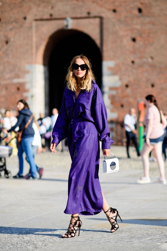 an ultraviolet midi shirt dress with rhinestones and black strappy heels for a special occasion