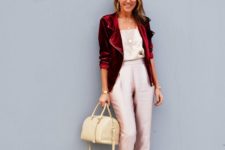 09 blush cropped pants, a neutral top, a red velvet jacket and nude shoes