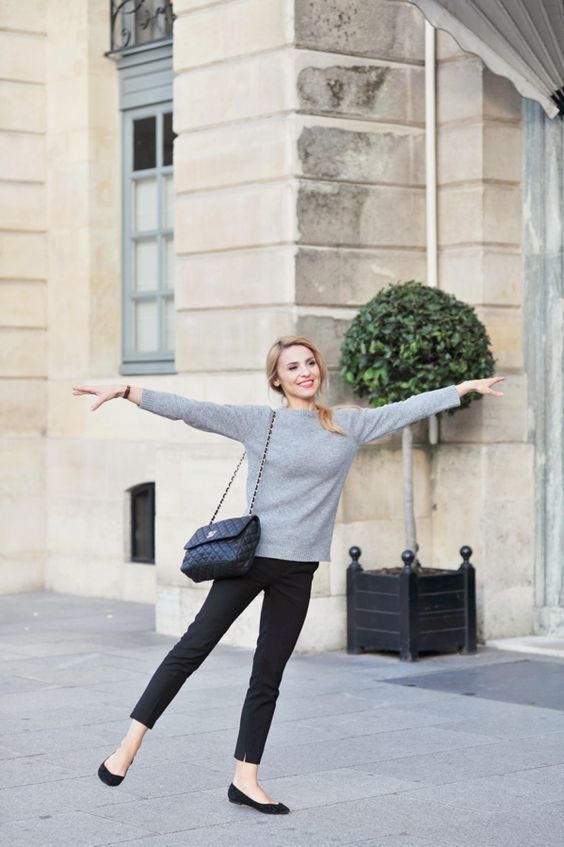 Parisian chic style with a grey cashmere sweater, black cropped pants and black flats