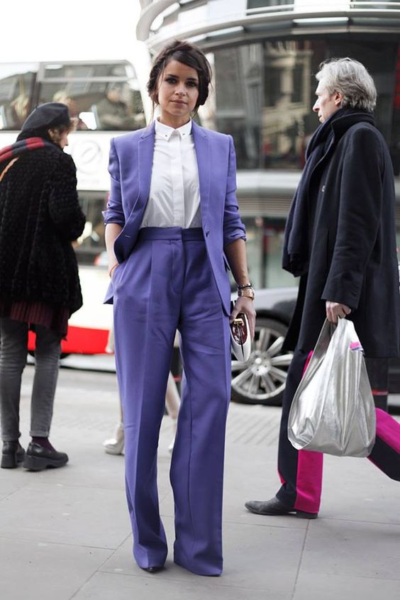an ultraviolet pantsuit with a white shirt can be a nice bold idea for work