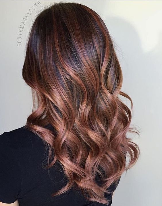 dark brunette hair with rose gold balayage look like in perfect harmony