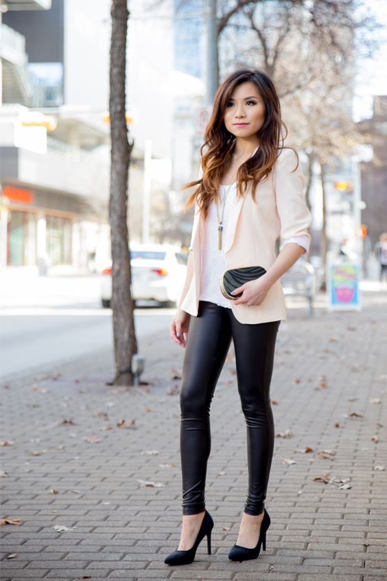 leather leggings, black heels, a white top and a blush blazer for a glam look