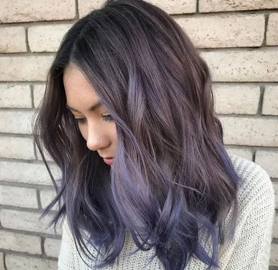 ashy grey wavy long bob with lavender and purple balayage perfectly match in the shades