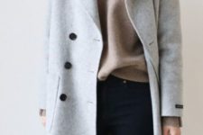 12 navy skinnies, a camel cashmere sweater, a dove grey coat for a comfy daily look