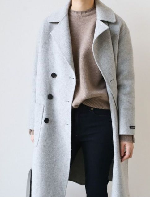 navy skinnies, a camel cashmere sweater, a dove grey coat for a comfy daily look