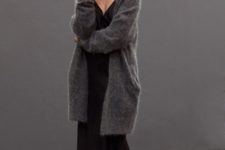 14 a black slip midi dress, strappy heels and a dark grey cashmere cardigan for a sexy yet comfy look