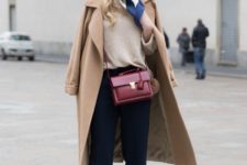 With beige shirt, camel midi coat, trousers, beige pumps and marsala bag