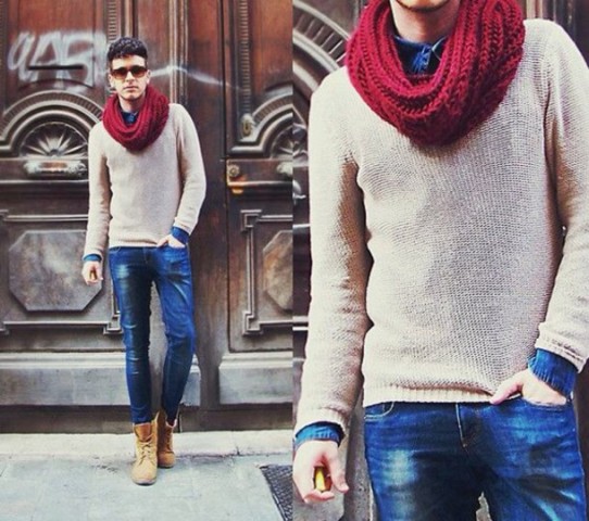 Marsala scarf with beige sweater, jeans and mid calf boots