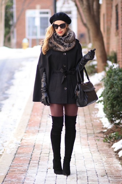 With black cape coat, over the knee boots, beret, long gloves and bag