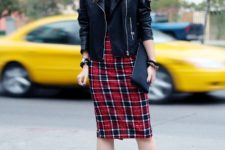 With black shirt, black leather jacket, marsala boots and clutch