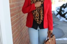 With black shirt, red blazer, blue pants, brown tote and brown pumps