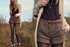 With brown shirt, knitted cardigan, brown belt, brown tights and leather boots
