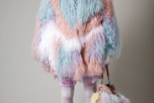 With colorful fur coat, printed tights and light pink shoes