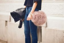 With crop shirt, skinny jeans, leather jacket and ankle boots