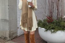 With dress, over the knee boots and crossbody bag