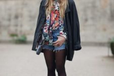 With floral blouse, navy blue coat and black heels