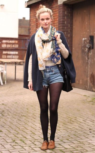 With floral scarf, cape coat and brown flats