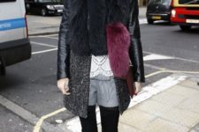 With fur coat, over the knee boots and black tights