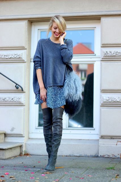 With gray loose shirt, printed mini skirt and over the knee boots