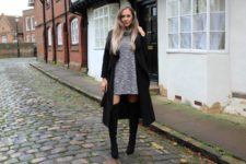 With gray sweater dress and black over the knee boots